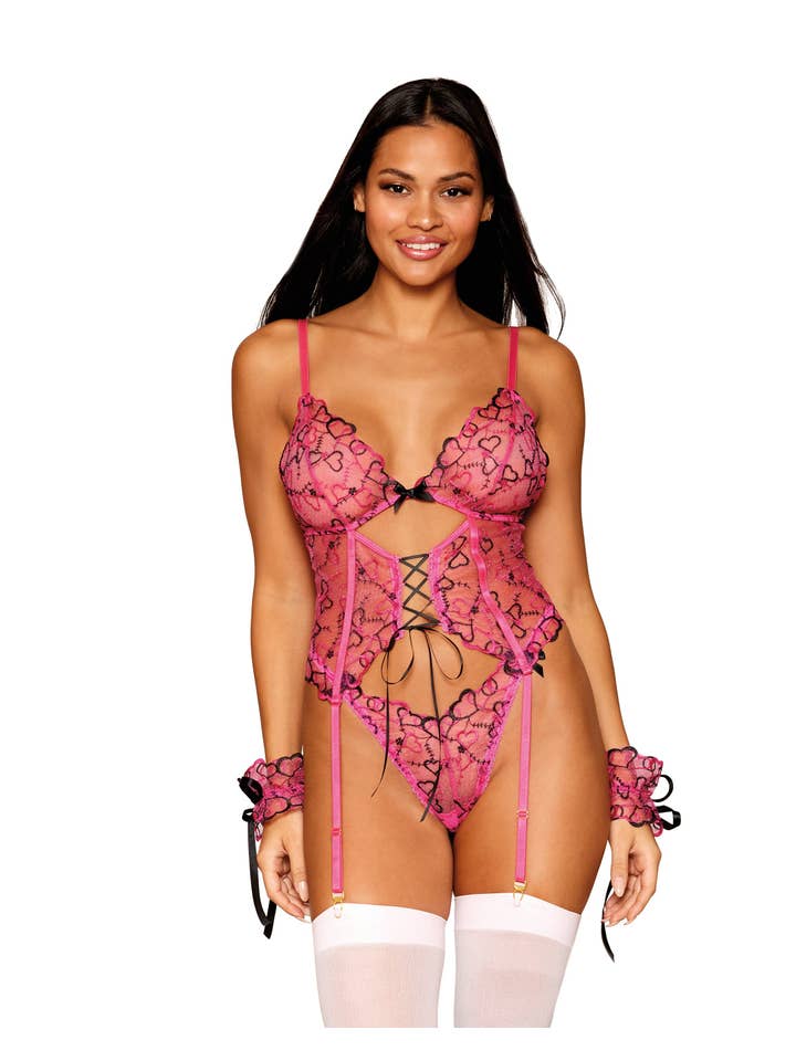User Multicolored Heart Embroidered Bustier, G-String and Wrist