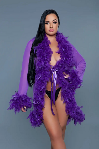 Sheer Short Length Robe with Chandelle Boa Feather Trim