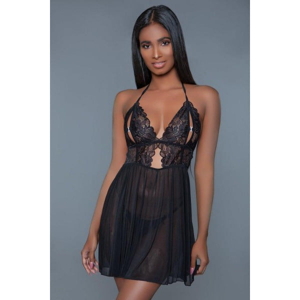 The "Peek-a-boo" Cosette Low Plunge Lace Babydoll-Black