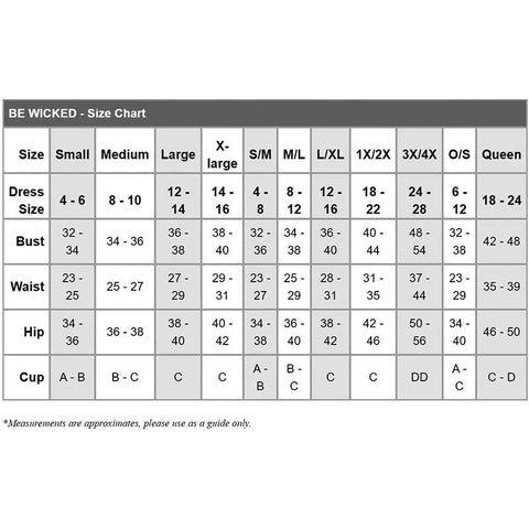 Be Wicked Size Chart