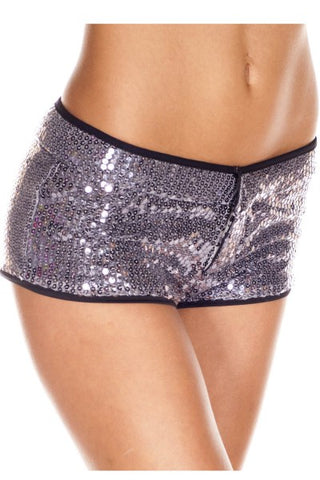 Music Legs Zip Front Sequined Booty Shorts-Silver