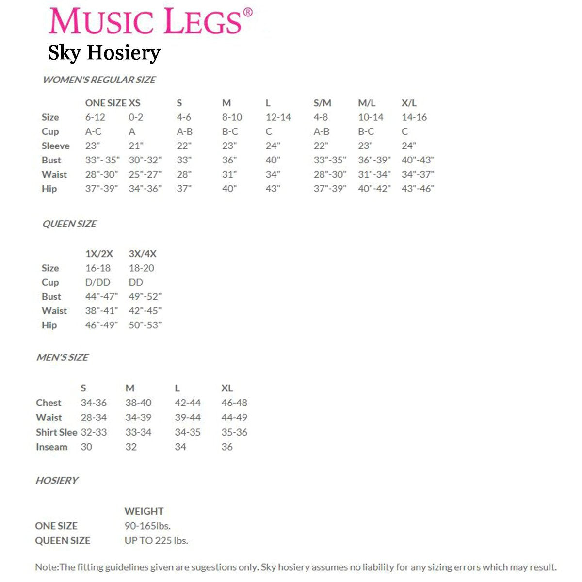 Music Legs Size Chart