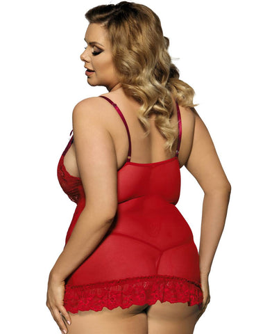 Plus Size Alluring Romantic Flower Lace Babydoll-Red