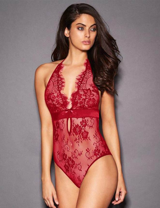Deep V Backless Exquisite Lace Teddy-Red