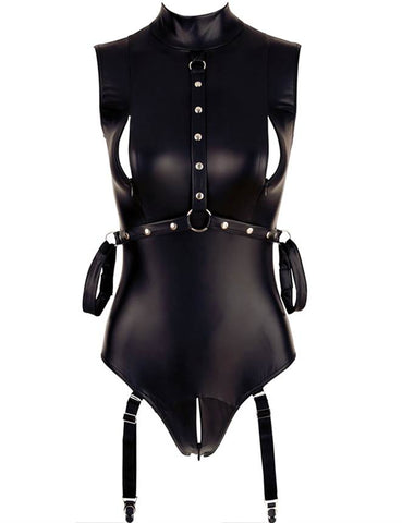 Sleeveless Bodysuit Black PU Leather-like Open Bust Temptation-Black