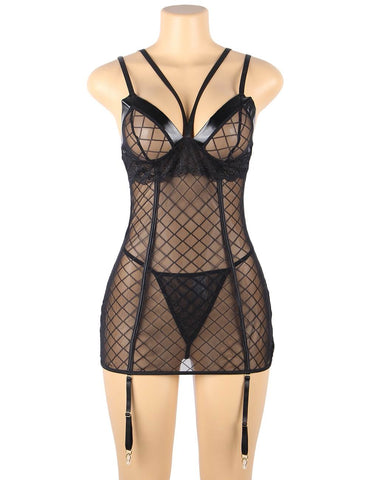 Black Perspective Lace Check Gartered Lingerie