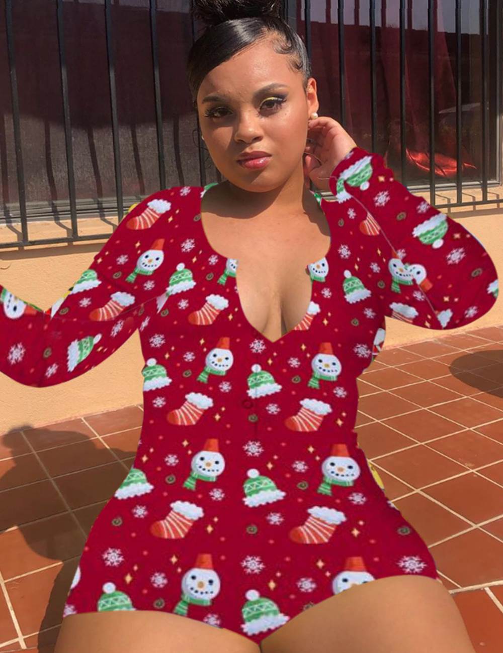 Plus Size Elements Print One-piece Pajamas-Red