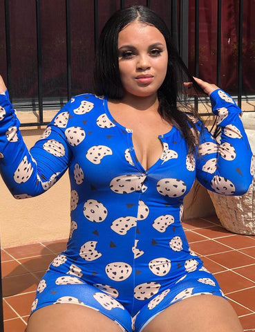 Plus Size Elements Print One-piece Pajamas-Cookies-Blue