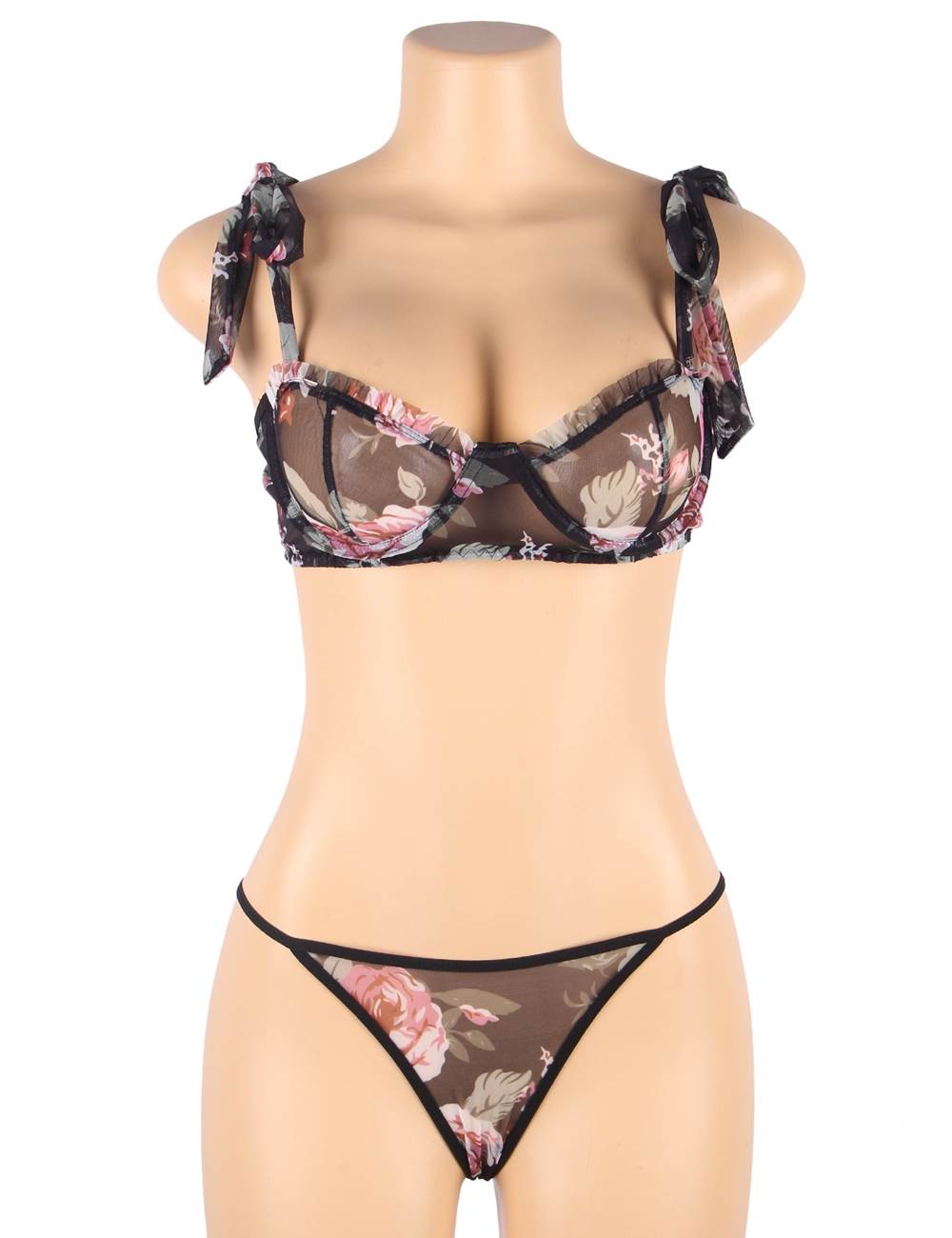 Floral Print Lace Bra Set With Underwire