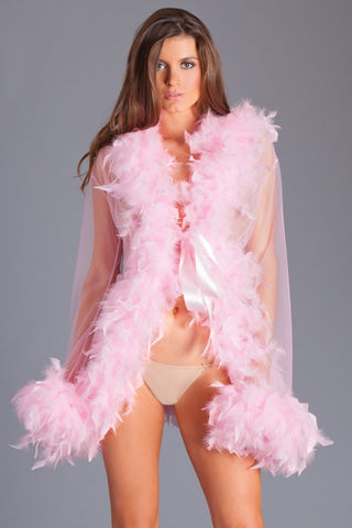 Sheer Short Length Robe with Chandelle Boa Feather Trim-Pink